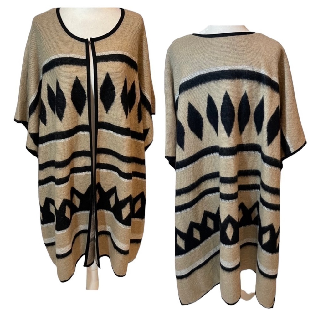 Lucky Brand Aztec Cape Poncho Sweater Tan Black One Size NWT Boho Western
